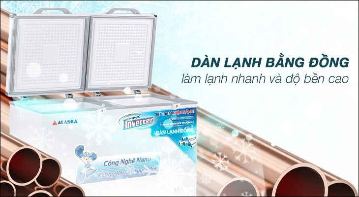 Tủ đông Alaska Inverter 312 lít BCD 5068CI sở hữu dàn lạnh được làm bằng đồng nguyên chất, làm lạnh nhanh, tiết kiệm điện năng Tủ 1 ngăn đông, 1 ngăn mát sở hữu dàn lạnh bằng đồng bền bỉ, chống ăn mòn tốt
