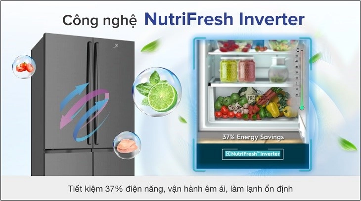 Tủ lạnh Electrolux Inverter 541 lít EQE6000A-B sở hữu công nghệ NutriFresh Inverter giúp tiết kiệm điện năng lên đến 37%