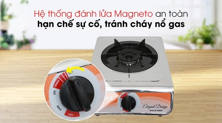 Hệ thống đánh lửa Magneto đơn giản, dễ điều khiển với núm xoay trên thân bếp