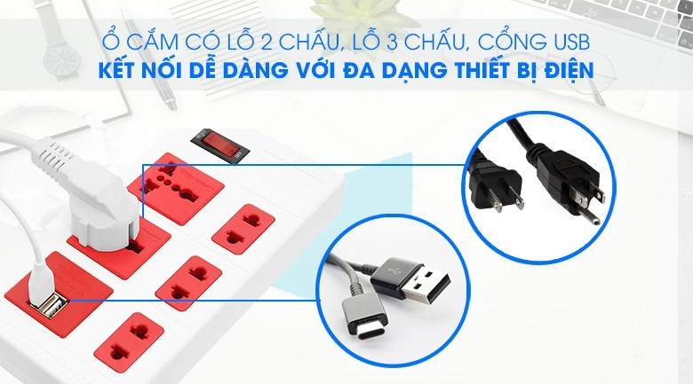 Ổ cắm điện Điện Quang 5 lỗ 2 USB 5m ECO ĐQ ESK 5WR 5ECO 2A có nhiều lỗ cắm khác nhau như công USB, lỗ 2 chấu, lỗ 3 chấu để abjn có thể sử dụng nhiều loại thiết bị khác nhau Ổ cắm điện Điện Quang 5 lỗ 2 USB 5m ECO ĐQ ESK 5WR 5ECO 2A có nhiều lỗ cắm khác nhau như công USB, lỗ 2 chấu, lỗ 3 chấu để bạn có thể sử dụng nhiều loại thiết bị khác nhau