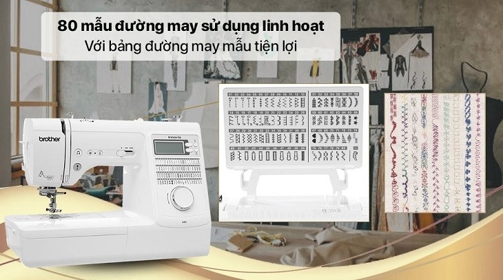 Máy may điện tử gia đình Brother A80 được trang bị lên đến 80 mẫu đường may tiện lợi cho người dùng