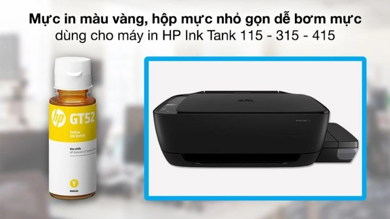 Mực in phun HP GT52 Vàng Original Ink Bottle_M0H56AA có dung tích 70ml được thiết kế với tính năng chống tràn