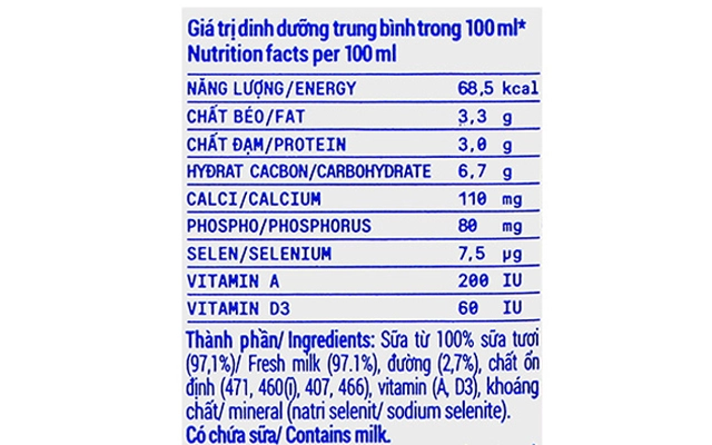 Thành phần dinh dưỡng - Lốc 4 hộp sữa tươi tiệt trùng Vinamilk ít đường 110 ml (từ 1 tuổi)
