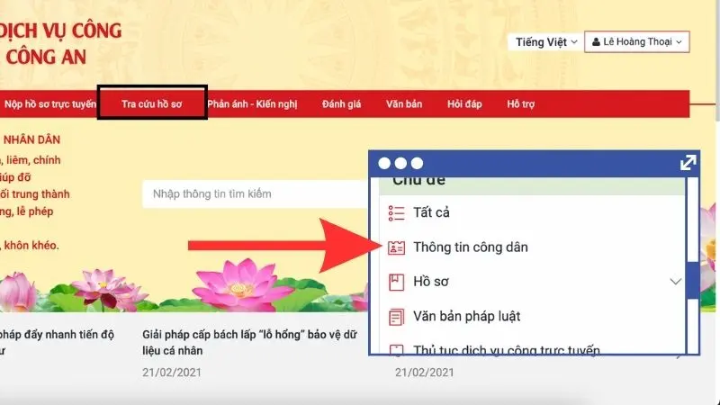 Chọn vào mục Tra cứu hồ sơ rồi Thông tin công dân