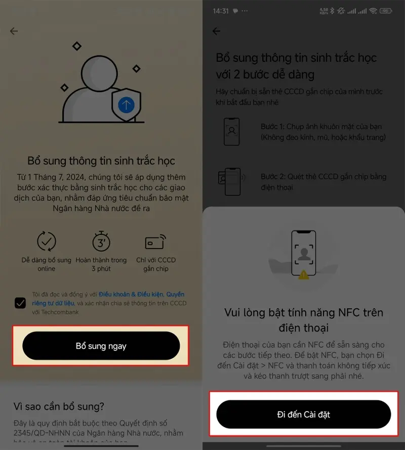 Cách xác thực sinh trắc học ngân hàng Techcombank