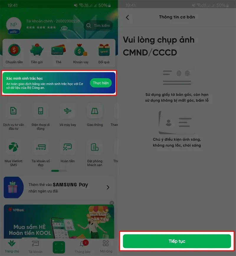 Cách xác thực sinh trắc học ngân hàng VP Bank