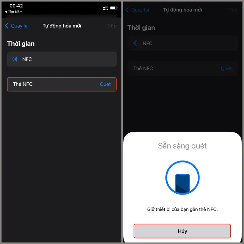 Bạn chọn vào Quét > để chiếc iPhone gần thẻ NFC để máy quét hoặc chọn Hủy để dừng.