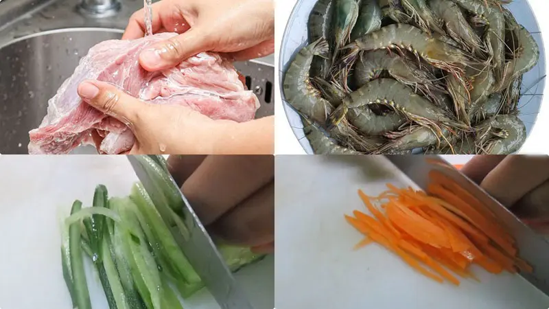 Luộc tôm, thịt và bún