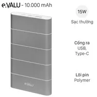 Pin sạc dự ph&ograve;ng Polymer 10.000 mAh Type C QC3.0 eValu PA F1