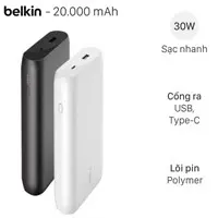 Pin sạc dự ph&ograve;ng Polymer 20.000 mAh Type C 30W PD Belkin