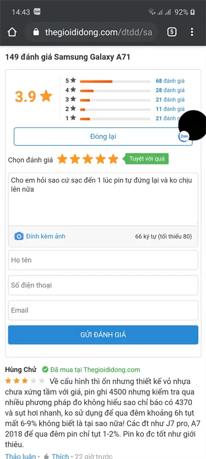 Khách hàng review Điện thoại Samsung Galaxy A71 20