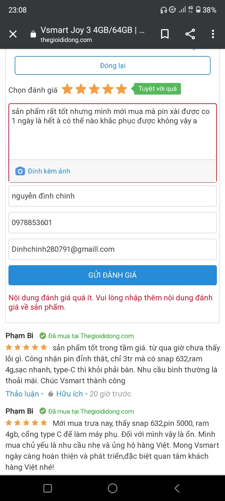 Khách hàng review Điện thoại Vsmart Joy 3 (4GB/64GB) 6