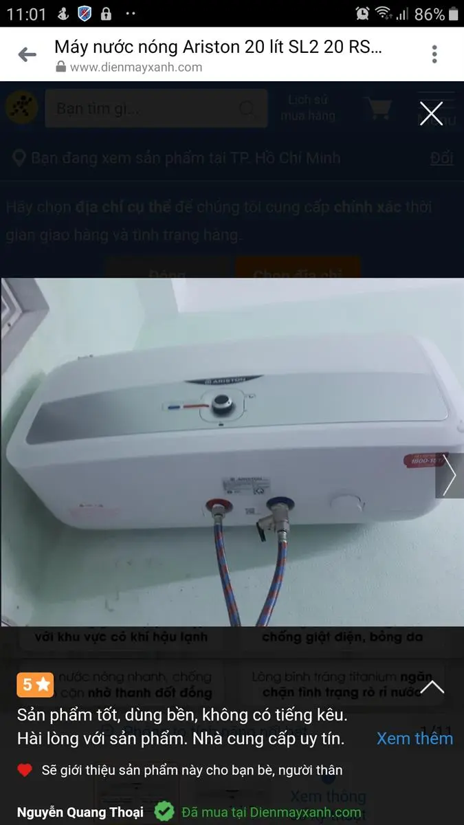 Khách hàng review Máy nước nóng gián tiếp Ariston 20 lít 2500W SL2 20 RS 2.5 FE 18