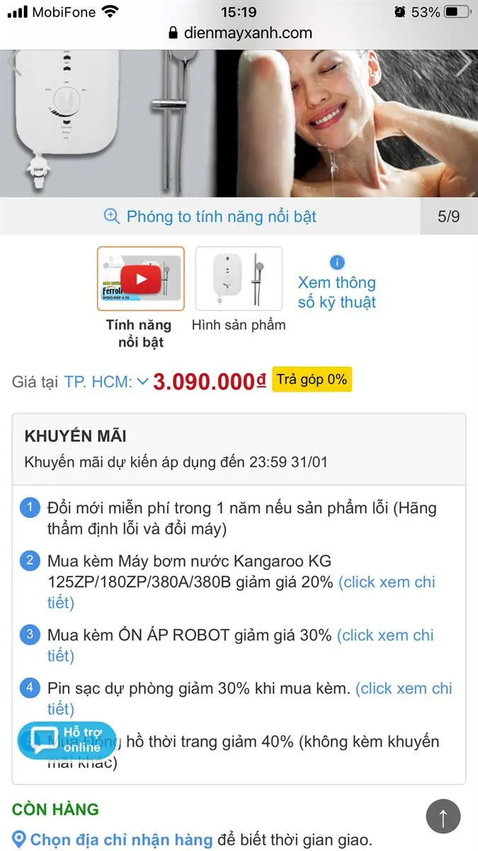 Khách hàng review Máy nước nóng trực tiếp Ferroli 4500W MIDO-MSP 4.5S 33