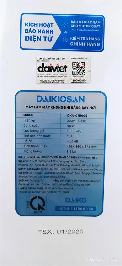 Khách hàng review Quạt điều hoà Daikiosan DKA-01500B 90W 1