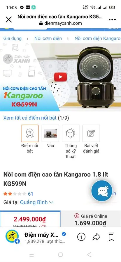 Khách hàng review Nồi cơm cao tần Kangaroo 1.8 lít KG599N 32