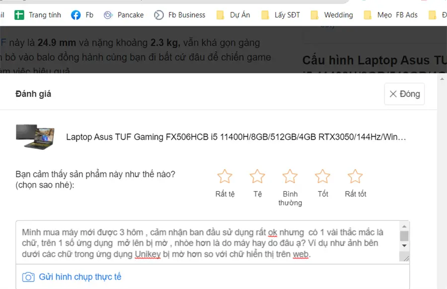 Khách hàng review Laptop Asus TUF Gaming FX506HCB i5 11400H/8GB/512GB/4GB RTX3050/144Hz/Win11 (HN1138W) 5