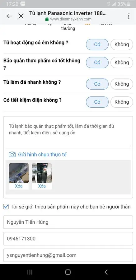 Khách hàng review Tủ lạnh Panasonic Inverter 188 lít NR-BA229PKVN 118