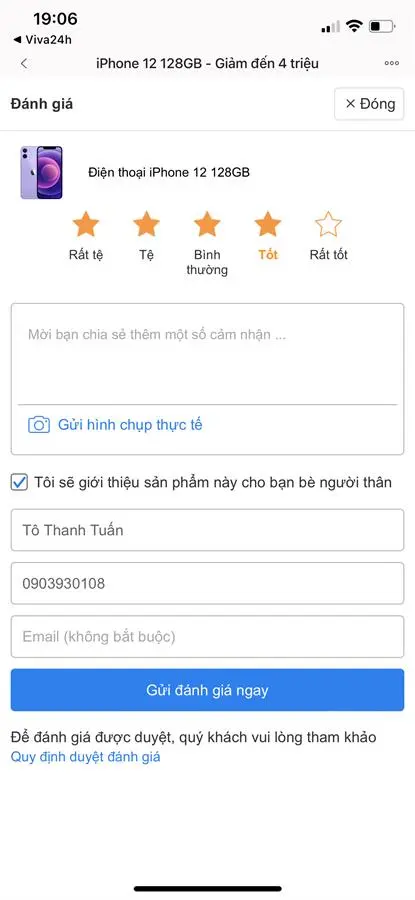 Khách hàng review Điện thoại iPhone 12 128GB 10