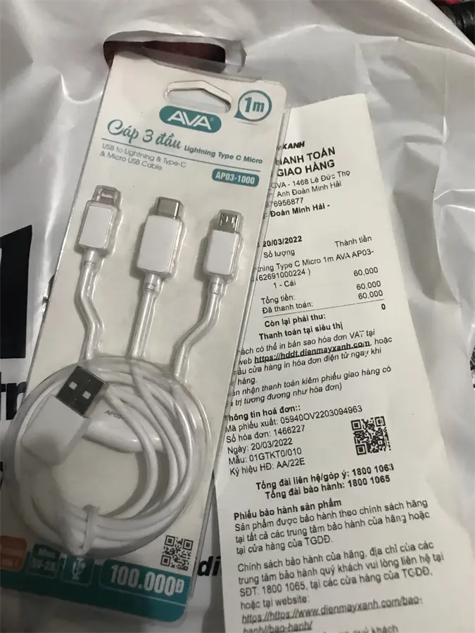 Khách hàng review Cáp 3 đầu Lightning Type-C Micro 1 m AVA AP03-1000 1