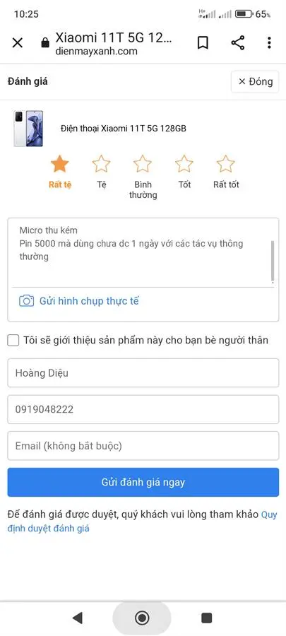 Khách hàng review Điện thoại Xiaomi 11T 5G 128GB 7