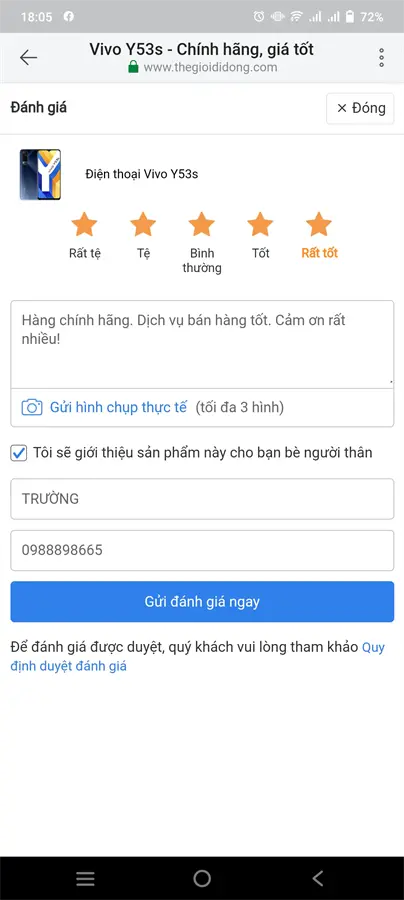 Khách hàng review Điện thoại Vivo Y53s 3