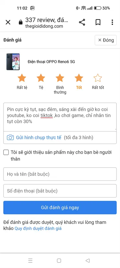 Khách hàng review Điện thoại OPPO Reno6 5G 3