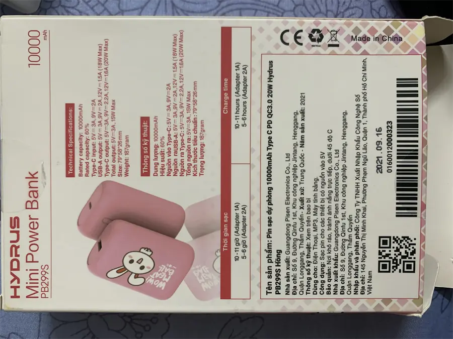 Khách hàng review Pin sạc dự phòng 10000mAh Type C PD QC3.0 20W Hydrus PB299S 10