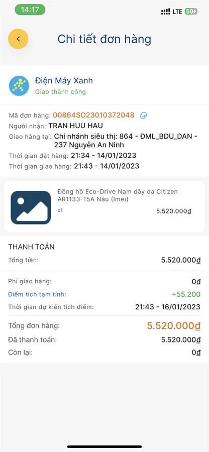 Khách hàng review Đồng hồ CITIZEN 39 mm Nam AR1133-15A 2