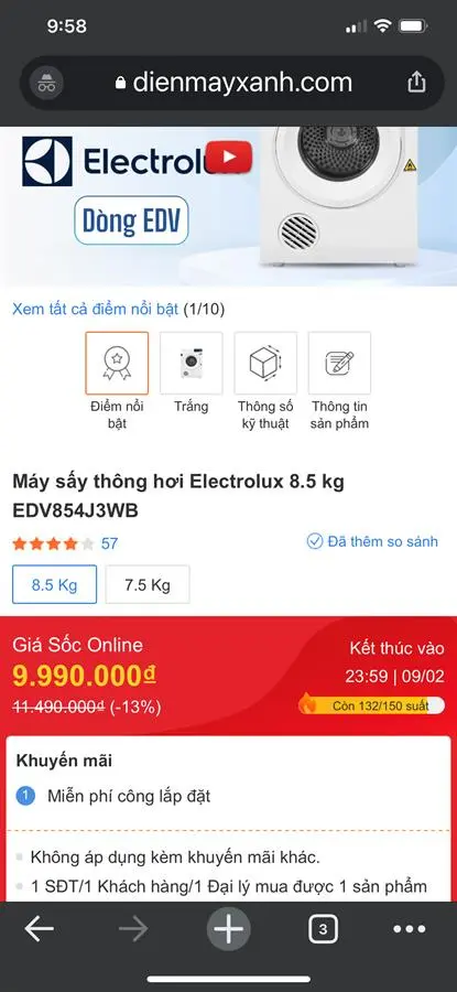 Khách hàng review Máy sấy thông hơi Electrolux UltimateCare 8.5 kg EDV854J3WB 12