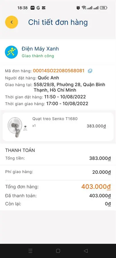 Khách hàng review Quạt treo tường Senko 3 cánh T1680 47W 20
