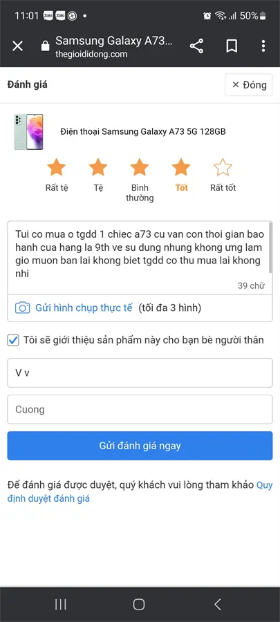 Khách hàng review Điện thoại Samsung Galaxy A73 5G 128GB 10