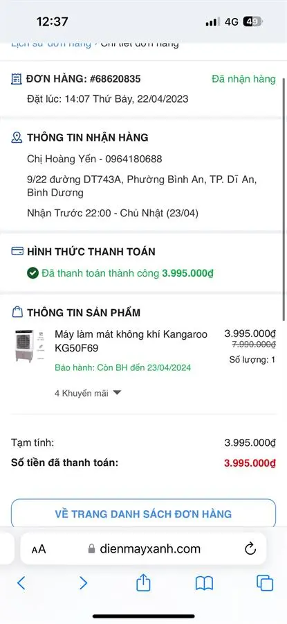 Khách hàng review Quạt điều hoà Kangaroo KG50F69 200W 20