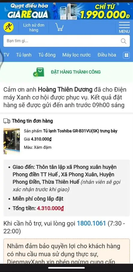 Khách hàng review Tủ lạnh Toshiba Inverter 253 lít GR-B31VU SK 1