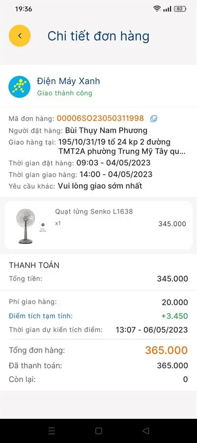 Khách hàng review Quạt lửng Senko 3 cánh L1638 47W 34