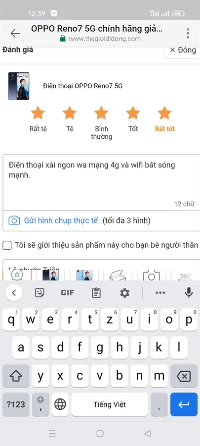 Khách hàng review Điện thoại OPPO Reno7 5G 2