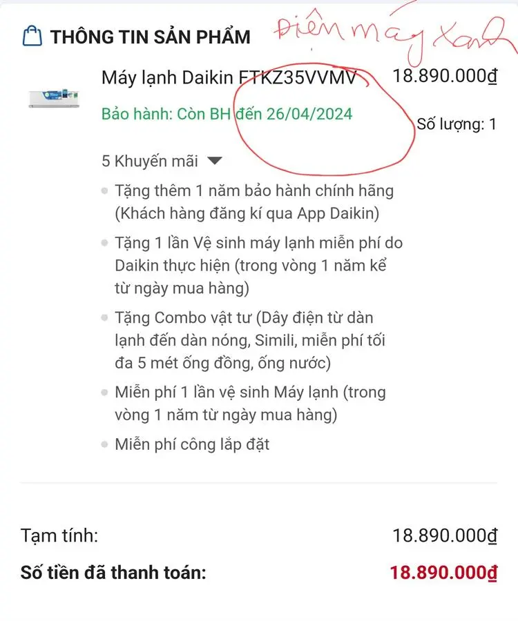 Khách hàng review Máy lạnh Daikin Inverter 1.5 HP FTKZ35VVMV 2