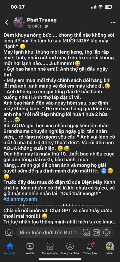 Khách hàng review Máy lạnh Aqua Inverter 1 HP AQA-RV9QA 31