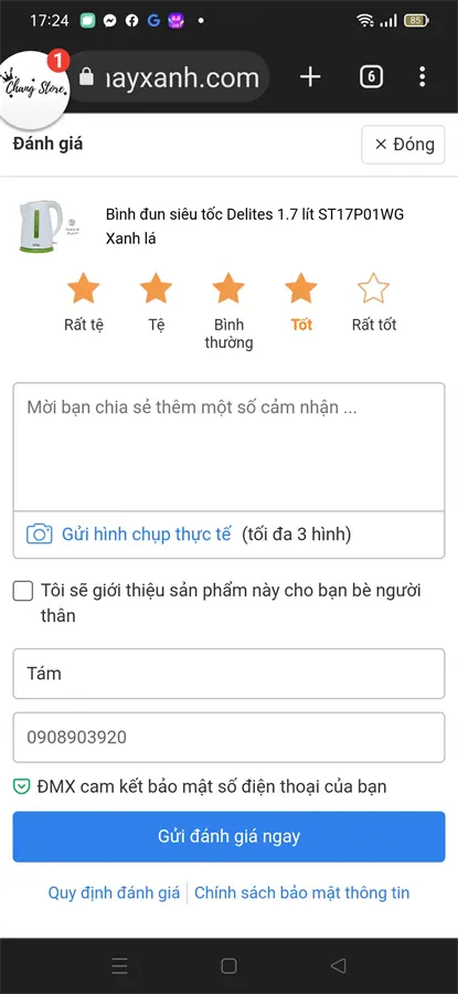 Khách hàng review Bình đun siêu tốc Delites 1.7 lít ST17P01WG Xanh lá 1