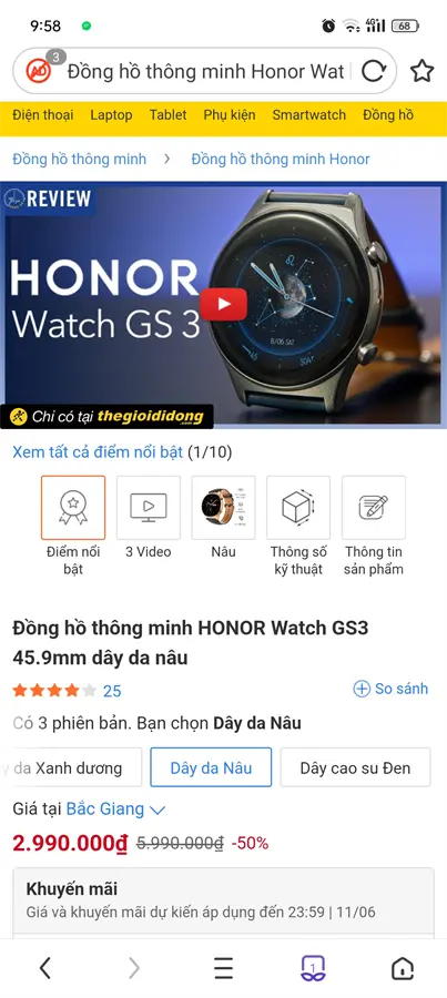 Khách hàng review Đồng hồ thông minh HONOR Watch GS3 45.9mm Nâu 3