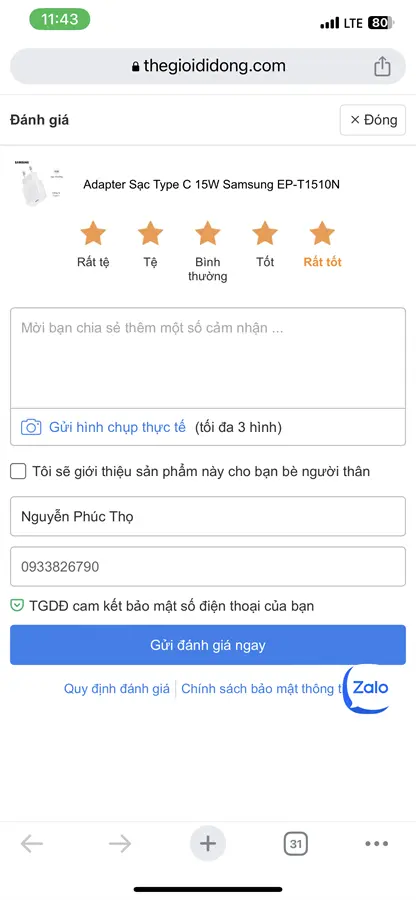 Khách hàng review Sạc Type-C 15W Samsung EP-T1510N 7