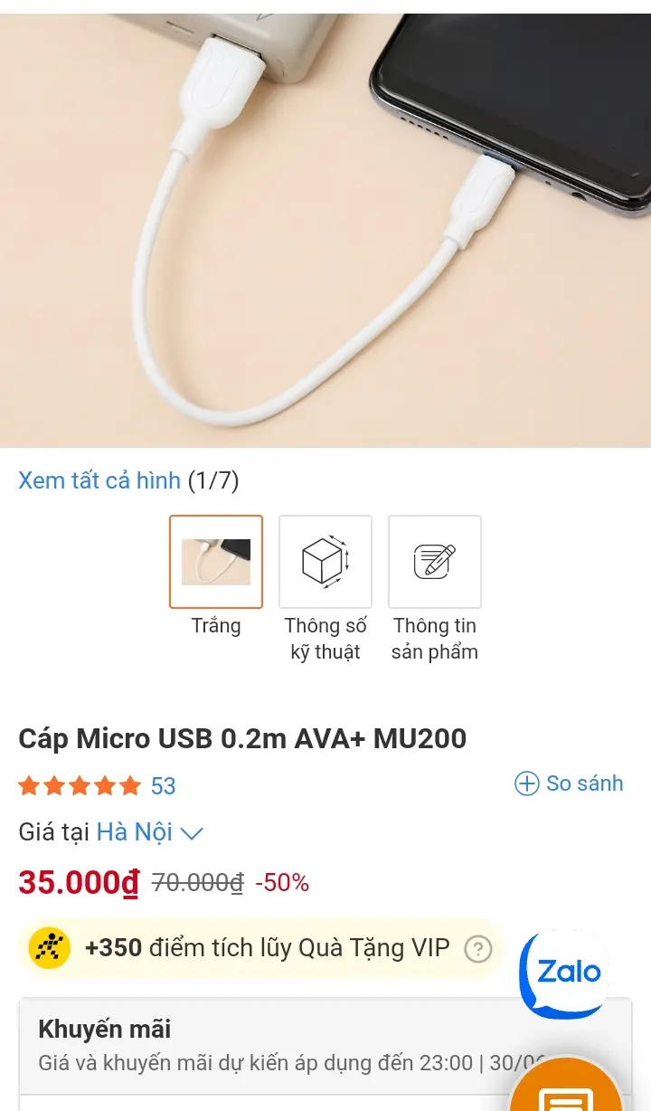Khách hàng review Cáp sạc và truyền dữ liệu USB-A - Micro USB 12W 0.2m AVA  MU200 2