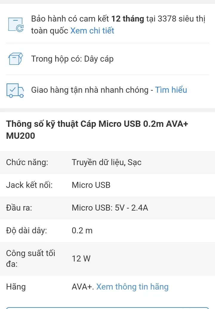 Khách hàng review Cáp sạc và truyền dữ liệu USB-A - Micro USB 12W 0.2m AVA  MU200 1