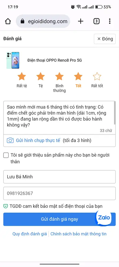 Khách hàng review Điện thoại OPPO Reno8 Pro 5G 1