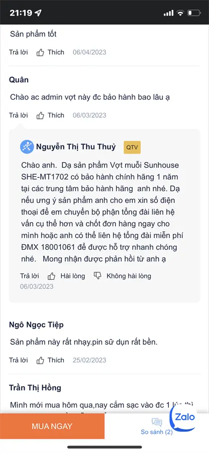 Khách hàng review Vợt muỗi Sunhouse SHE-MT1702 4