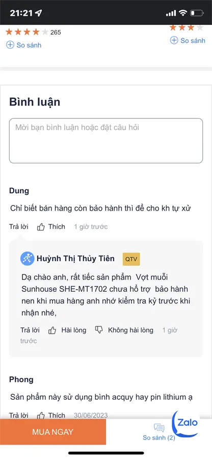 Khách hàng review Vợt muỗi Sunhouse SHE-MT1702 5