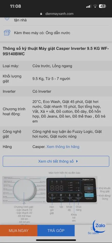 Khách hàng review Máy giặt Casper Inverter 9.5 KG WF-95I140BWC 20