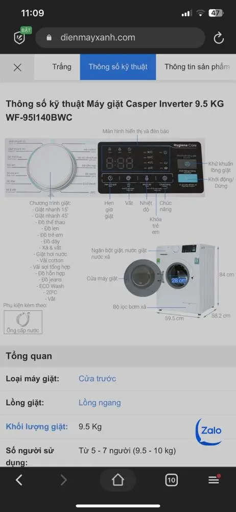 Khách hàng review Máy giặt Casper Inverter 9.5 KG WF-95I140BWC 21