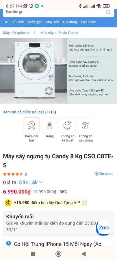 Khách hàng review Máy sấy ngưng tụ Candy 8 Kg CSO C8TE-S 2