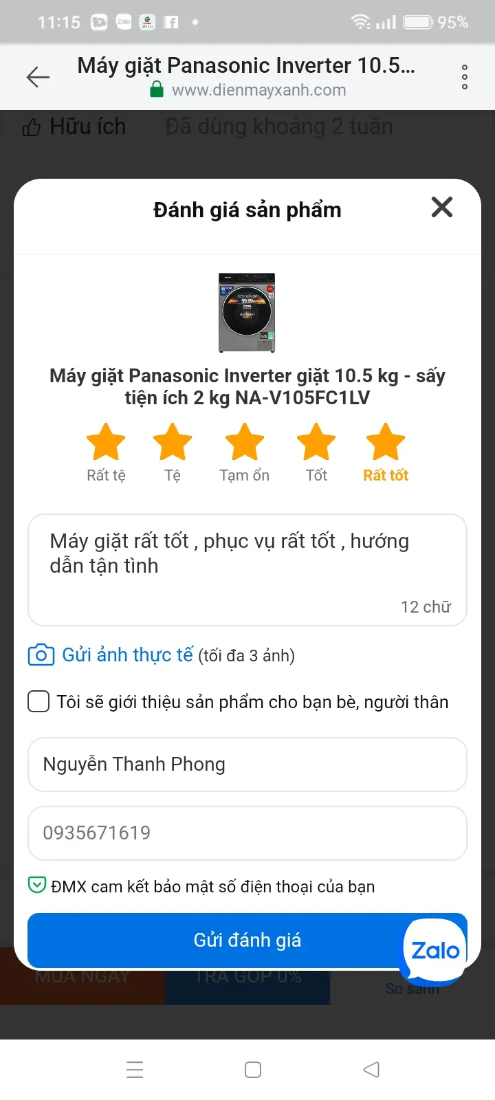 Khách hàng review Máy giặt Panasonic Inverter giặt 10.5 kg - sấy tiện ích 2 kg NA-V105FC1LV 12